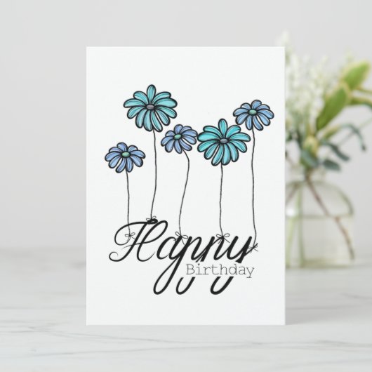 Hand-Drawn Birthday Card Turquoise Flower Balloons Kaart (Staand voorkant)