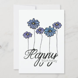 Hand-Drawn Birthday Card w Blue Flower Balloons Kaart