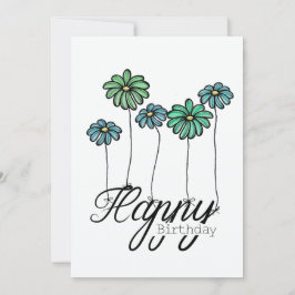 Hand-Drawn Birthday Card w Green Flower Balloons Kaart