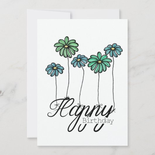 Hand-Drawn Birthday Card w Green Flower Balloons Kaart (Voorkant)