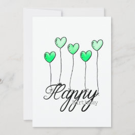 Hand-Drawn Birthday Card w Green Heart Balloons Kaart