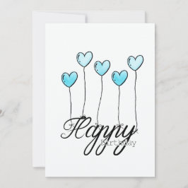 Hand-Drawn Birthday Card w L. Blue Heart Balloons Kaart