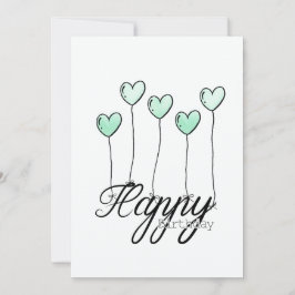 Hand-Drawn Birthday Card w Mint Heart Balloons Kaart