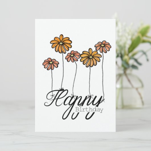 Hand-Drawn Birthday Card w Orange Flower Balloons Kaart (Staand voorkant)