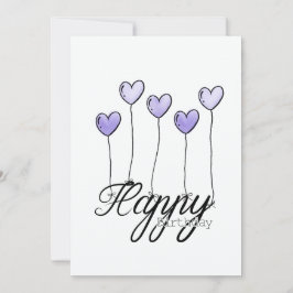 Hand-Drawn Birthday Card w Purple Heart Balloons Kaart