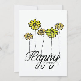Hand-Drawn Birthday Card w Yellow Flower Balloons Kaart