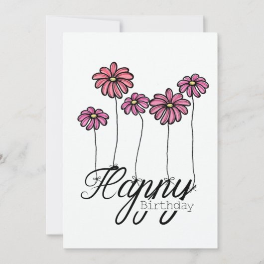 Hand-Drawn Birthday Card With Pink Flower Balloons Kaart (Voorkant)