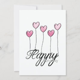 Hand-Drawn Birthday Card With Pink Heart Balloons Kaart