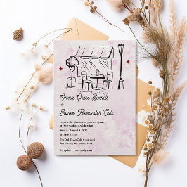 Hand-Drawn Bistro Café Courtyard Wedding Kaart