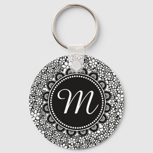Hand Drawn Black and White Flower Pattern Monogram Sleutelhanger (Voorkant)