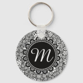 Hand Drawn Black and White Flower Pattern Monogram Sleutelhanger (Achterkant)