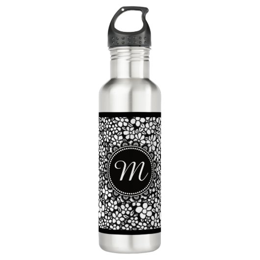 Hand Drawn Black and White Flower Pattern Monogram Waterfles (Voorkant)