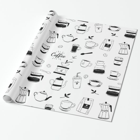 Hand Drawn Black Coffee en Cafe Pattern Cadeaupapier (Uitgerold)