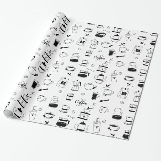 Hand Drawn Black Coffee en Cafe Pattern Cadeaupapier (Uitgerold)