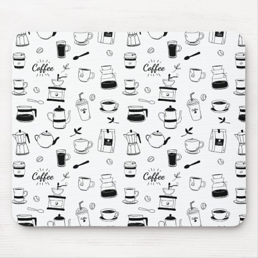 Hand Drawn Black Coffee en Cafe Pattern Muismat (Voorkant)