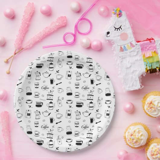 Hand Drawn Black Coffee en Cafe Pattern Papieren Bordje (Feest)