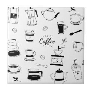 Hand Drawn Black Coffee en Cafe Pattern Tegeltje