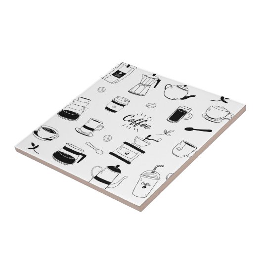 Hand Drawn Black Coffee en Cafe Pattern Tegeltje (Zijkant)