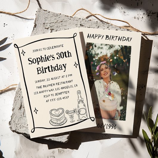 Hand Drawn Black & Cream 30TH Birthday Photo  Kaart