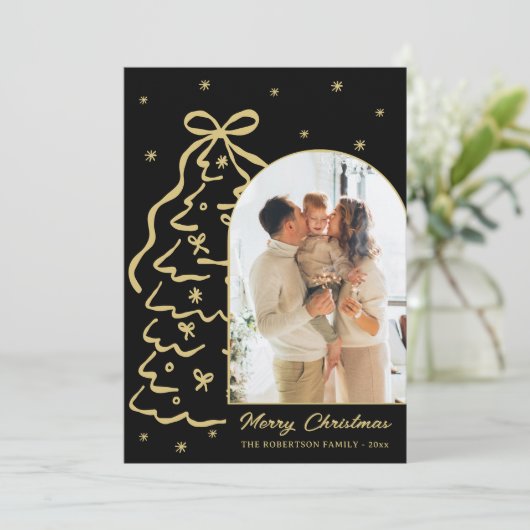 Hand-Drawn Black Gold Christmas Tree Arch Photo Feestdagenkaart (Staand voorkant)