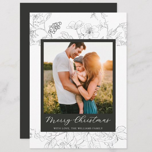 Hand Drawn Black & White Floral Merry Christmas Feestdagenkaart