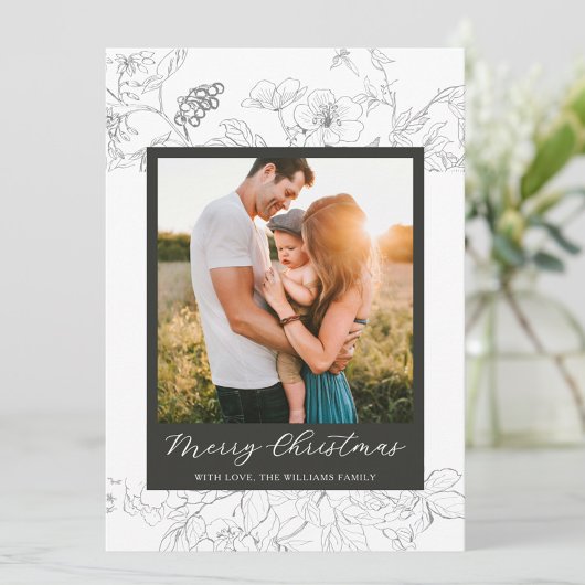 Hand Drawn Black & White Floral Merry Christmas Feestdagenkaart