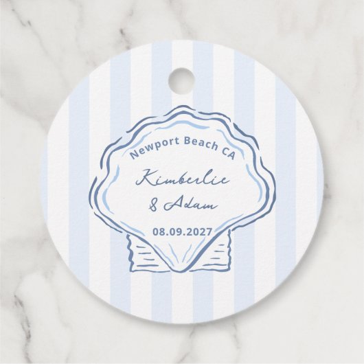Hand-Drawn Blue And White Shell Monogram Wedding Bedankjes Labels (Achterkant)