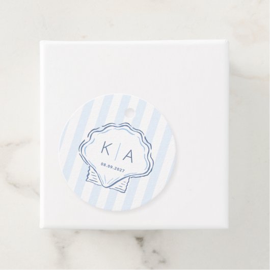 Hand-Drawn Blue And White Shell Monogram Wedding Bedankjes Labels (In situ)