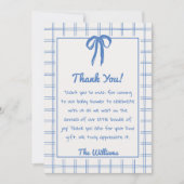 Hand Drawn Blue Bow Gingham Bow Baby Shower   Bedankkaart (Voorkant)