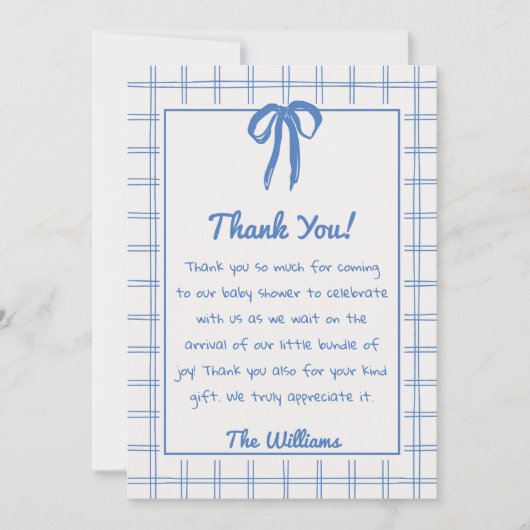 Hand Drawn Blue Bow Gingham Bow Baby Shower   Bedankkaart (Voorkant)