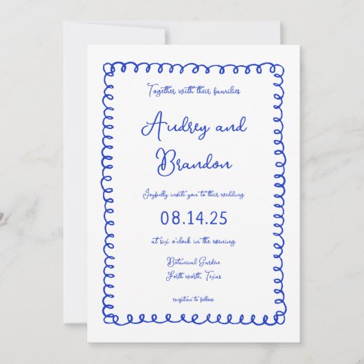Hand Drawn Blue French Wedding Invitations Kaart (Voorkant)