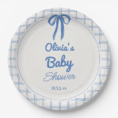 Hand Drawn Blue Gingham Bow Baby Shower Papieren Bordje (Voorkant)