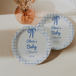 Hand Drawn Blue Gingham Bow Baby Shower Papieren Bordje