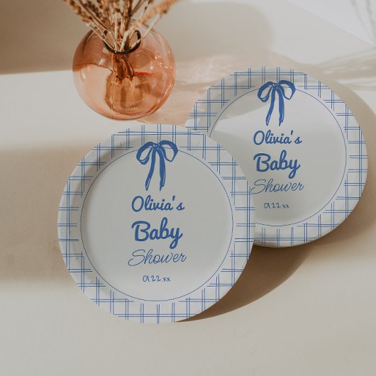 Hand Drawn Blue Gingham Bow Baby Shower Papieren Bordje