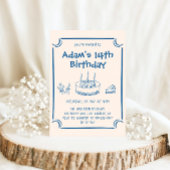 Hand-Drawn Blue Line Art Kids Birthday Party Kaart