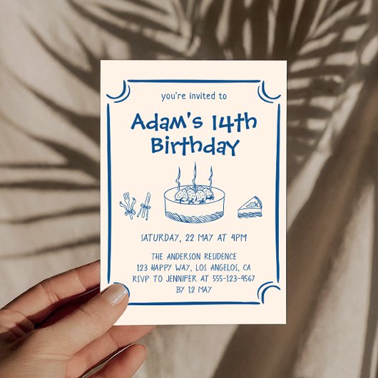 Hand-Drawn Blue Line Art Kids Birthday Party Kaart