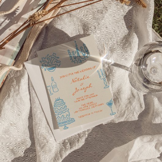 Hand Drawn Blue Orange Photo QR Code Wedding Kaart