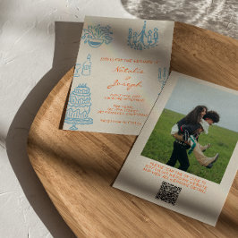 Hand Drawn Blue Orange Photo QR Code Wedding Kaart
