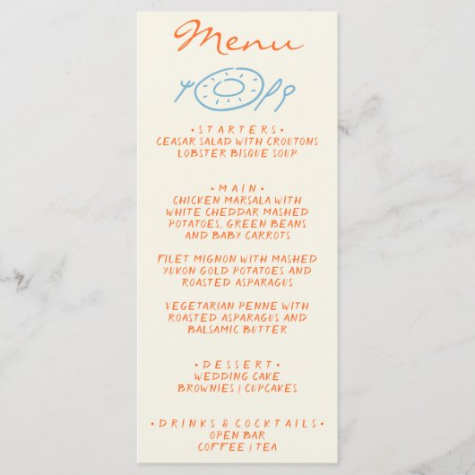 Hand Drawn Blue Orange Whimsical Wedding Menu (Voorkant)