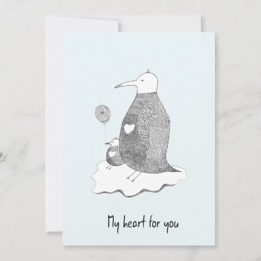Hand Drawn Blue Wenskaart Penguin Family Heart Kaart (Voorkant)