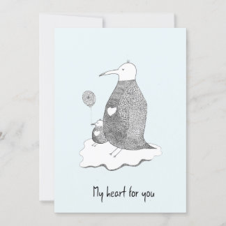 Hand Drawn Blue Wenskaart Penguin Family Heart Kaart