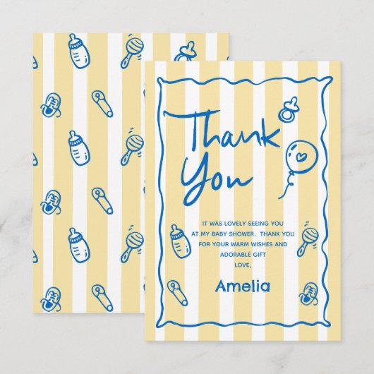 Hand Drawn Blue Yellow Ciao Baby Thank You Card Bedankkaart (Voorkant / Achterkant)