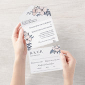 Hand Drawn Blush & Navy Flowers Wedding All In One Uitnodiging (Afscheurbaar)