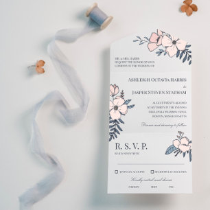 Hand Drawn Blush & Navy Flowers Wedding All In One Uitnodiging
