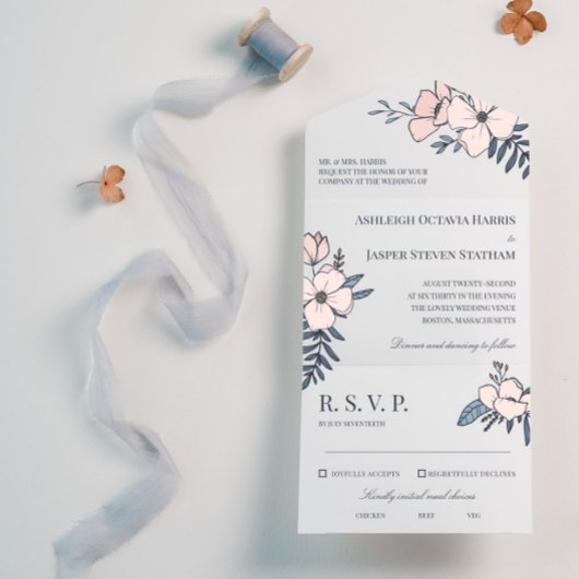 Hand Drawn Blush & Navy Flowers Wedding All In One Uitnodiging