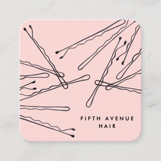 Hand-Drawn Bobby Pins Pink & Black Hair Stylist   Vierkante Visitekaartje (Voorkant)