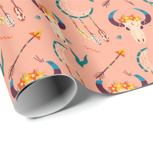 Hand Drawn Boho Pattern Dream Catcher Salmon roze Cadeaupapier (Rol Hoek)
