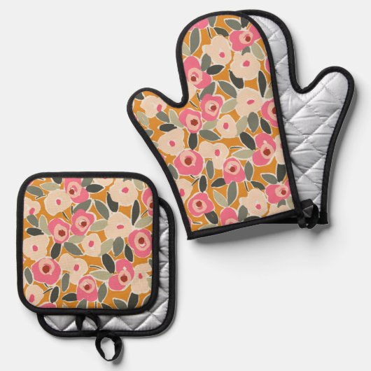 Hand-Drawn Bold Inky Floral Pattern- Sunlit Meadow Ovenwant & Pannenlap Set (Voorkant / Achterkant)