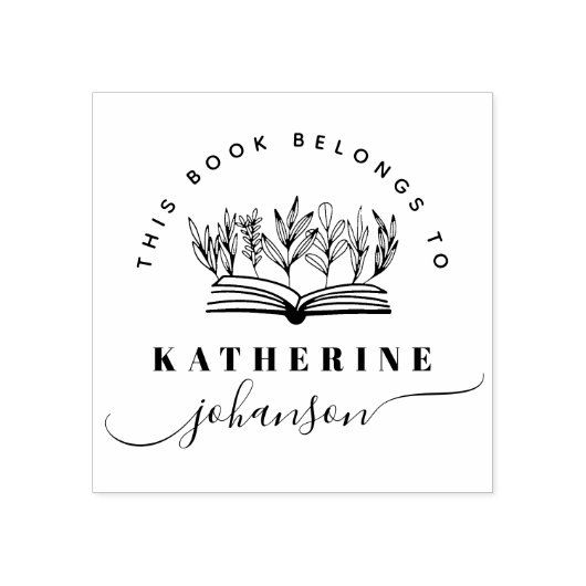 Hand-drawn Book Flowers Elegant Script Library Rubberstempel (Afrduk)