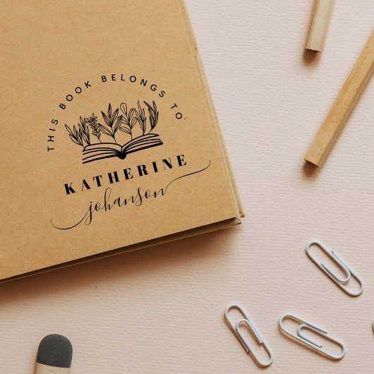 Hand-drawn Book Flowers Elegant Script Library Rubberstempel